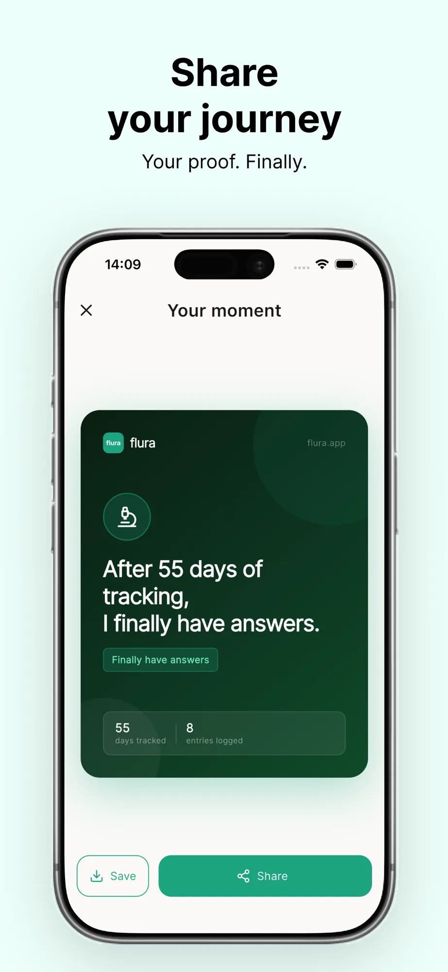 Shareable Flura milestone card showing 55 days tracked with the message: after 55 days of tracking, I finally have answers
