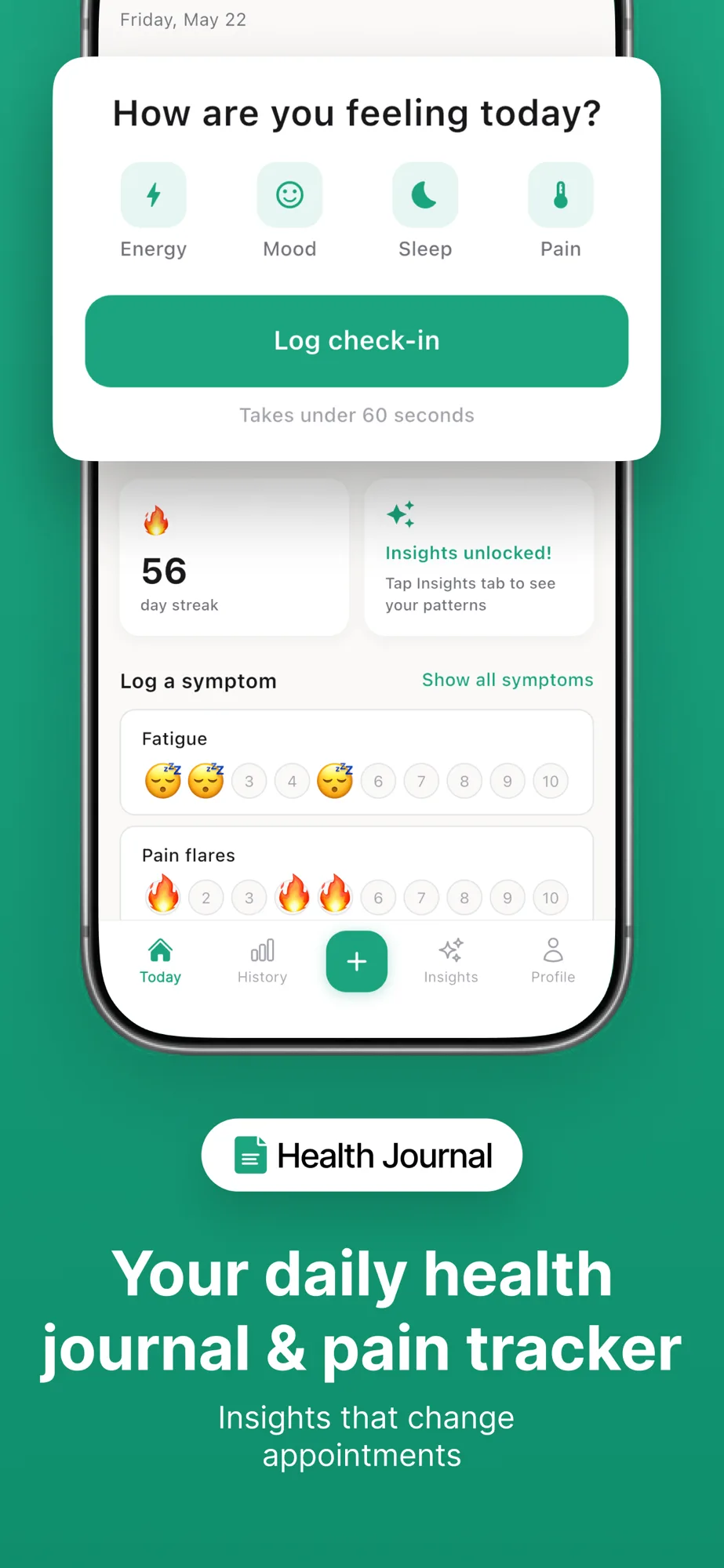 Daily symptom journal showing energy, mood, sleep and pain check-in taking under 60 seconds