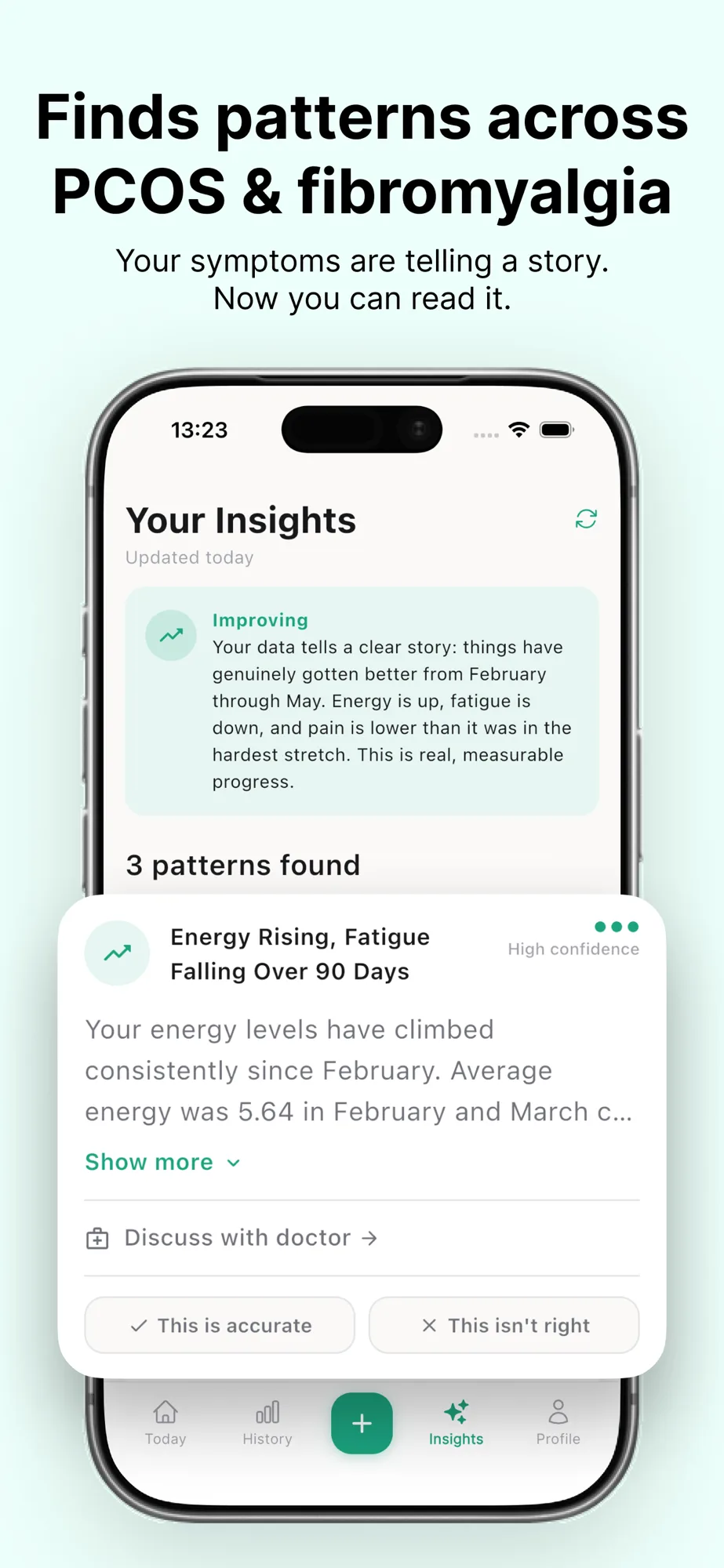 Flura insights screen showing patterns found across PCOS and fibromyalgia symptoms