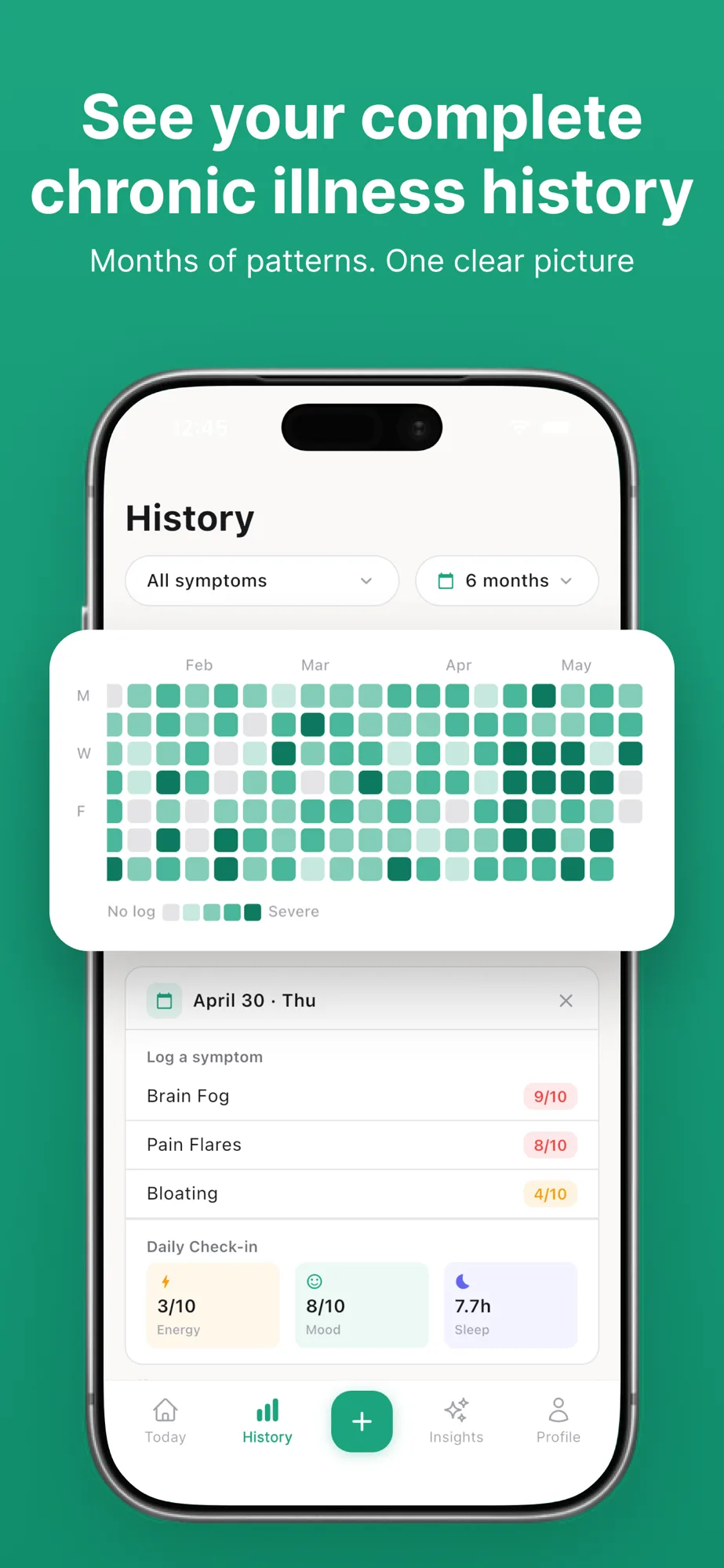 Chronic illness symptom history heatmap showing 6 months of brain fog, pain flares, and bloating data with daily check-in scores